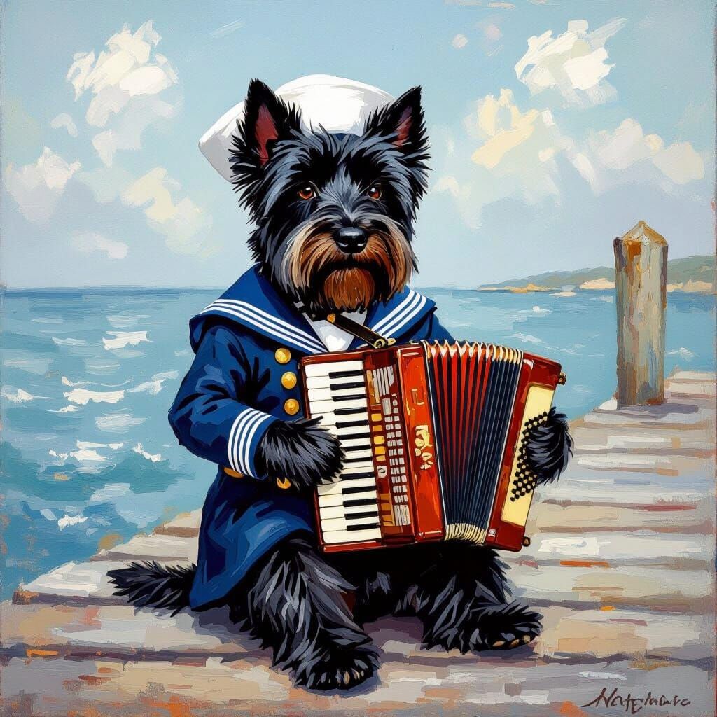 Scottish Terrier Plays Accordion in Impressionist Style