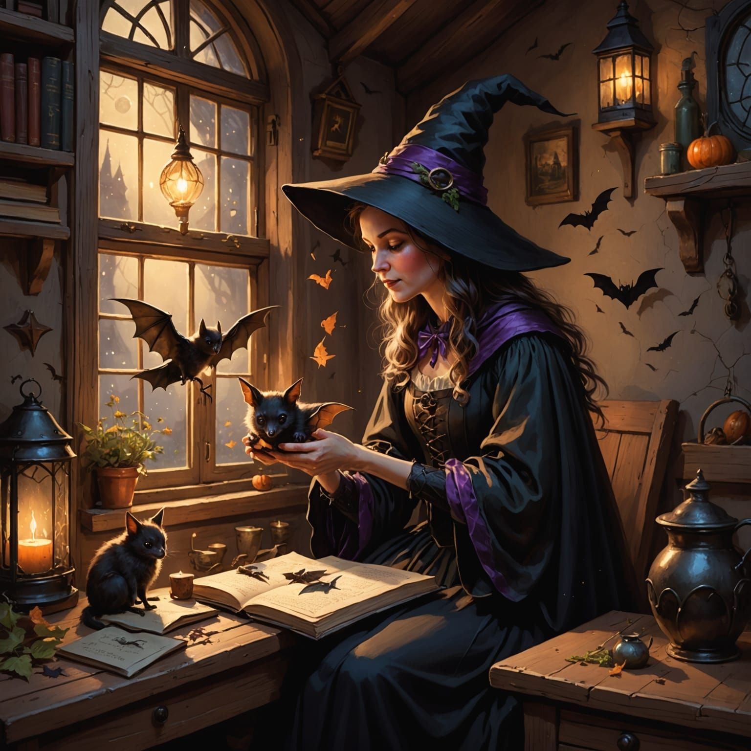 Whimsical Witch Heals Injured Bat with Gentle Magic