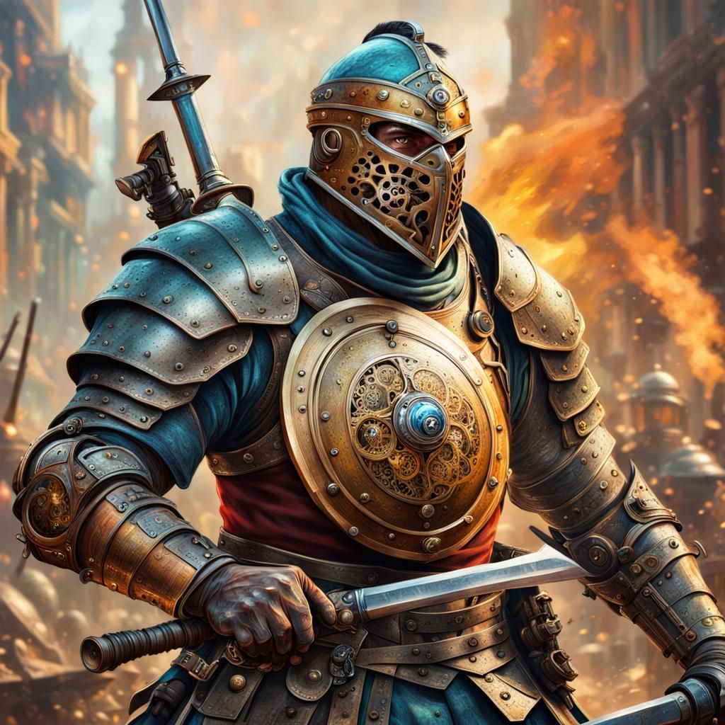 Steampunk Warrior in Battle: Hyperrealistic Concept Art