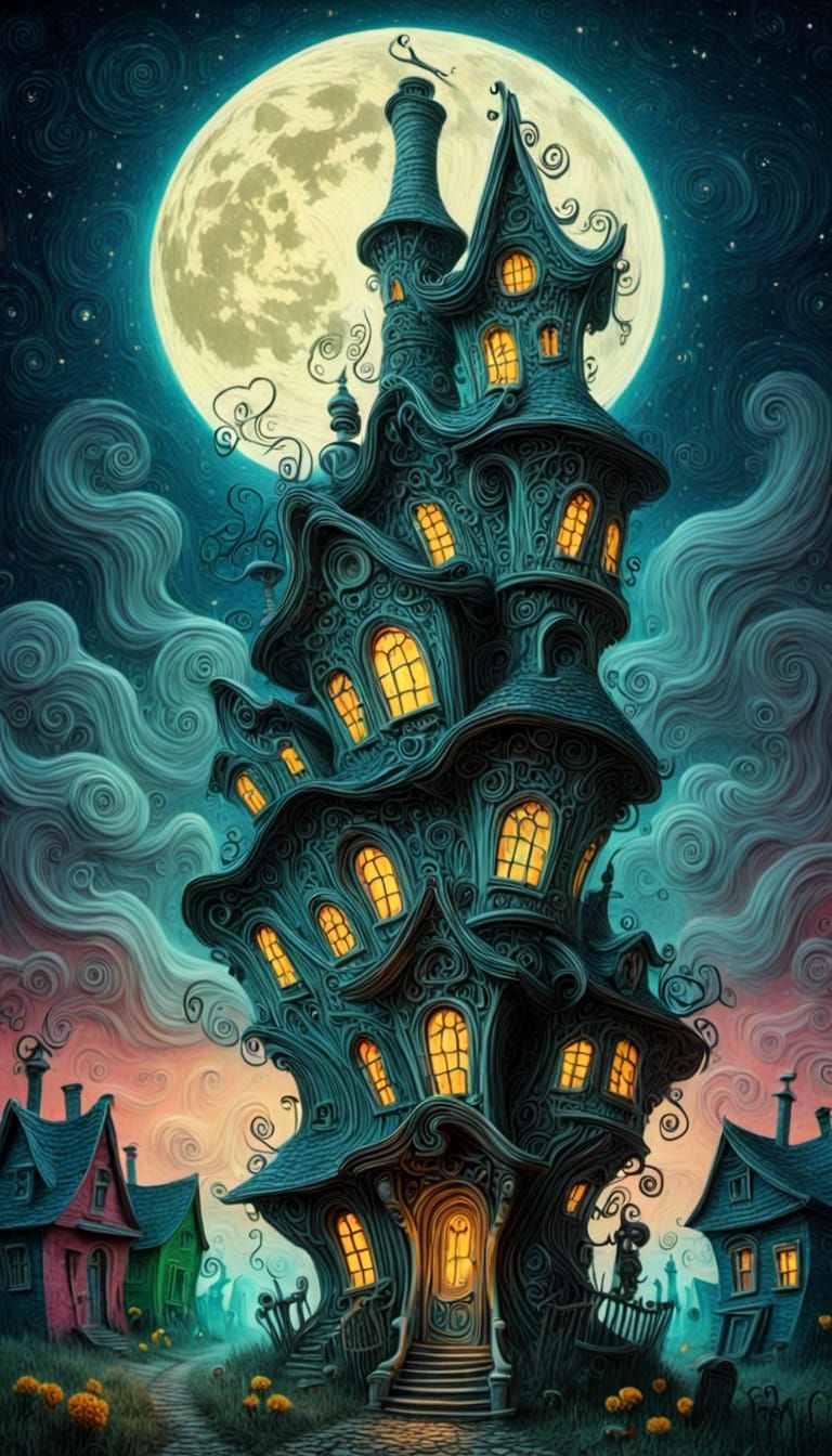 Mystical Starry Night Over Whimsical House in Van Gogh Style