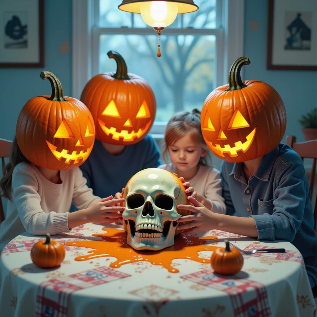Pumpkin Head Family Carves Human Head Table Art