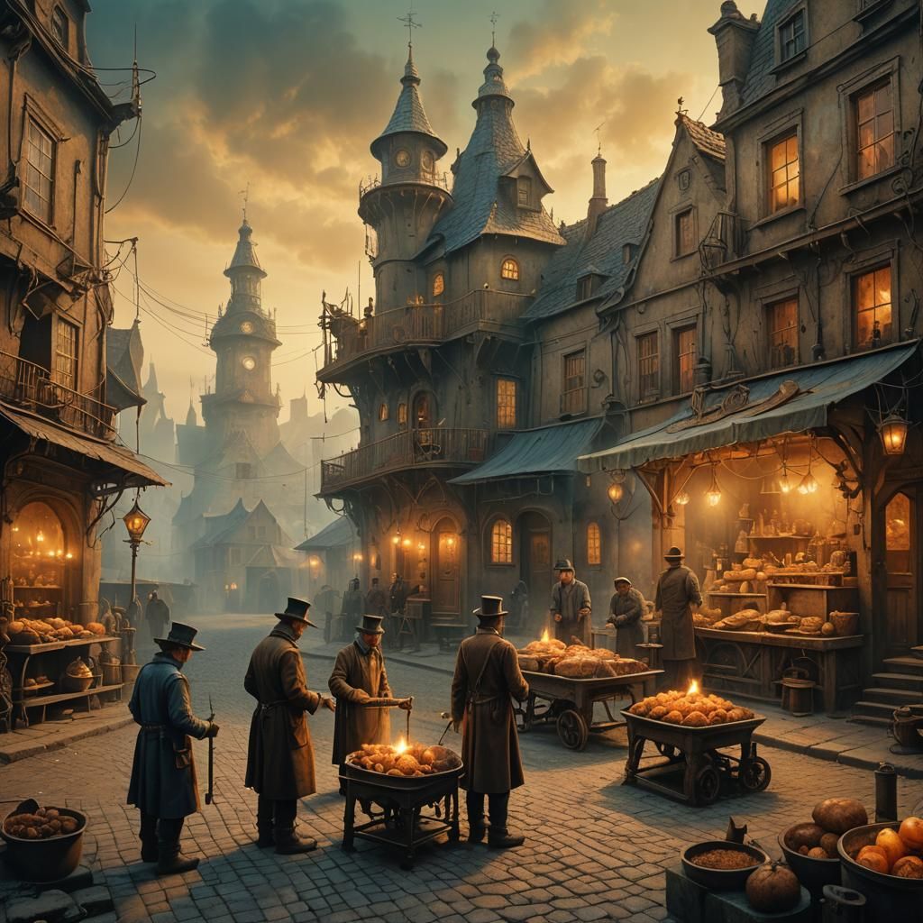 Steampunk Artisans in Mystical Village: Fantasy Art
