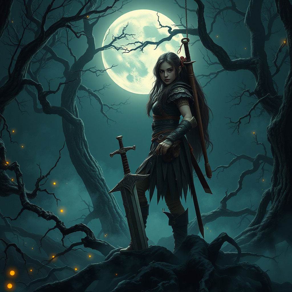 Warrior Girl in Mystical Forest, Digital Matte Painting