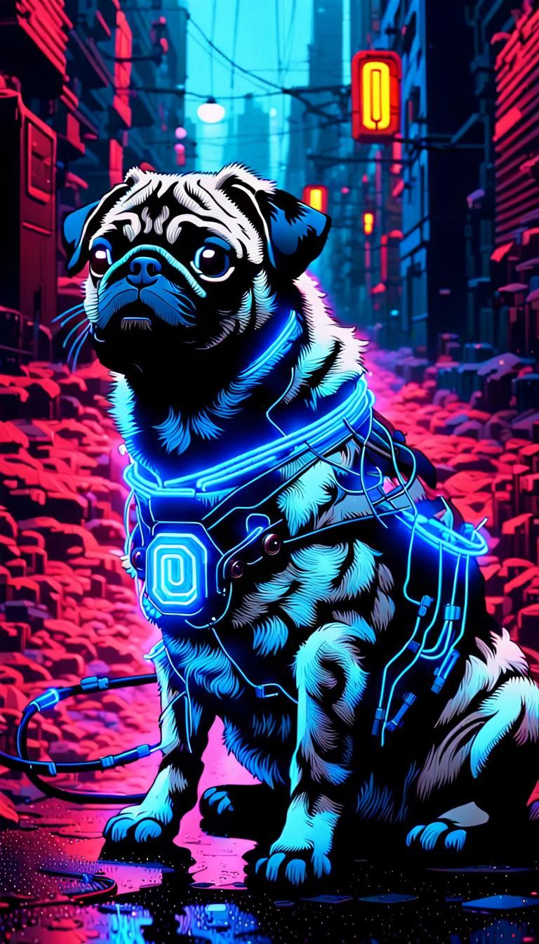 Cyberpunk Pug in Neon Alleyway Digital Art