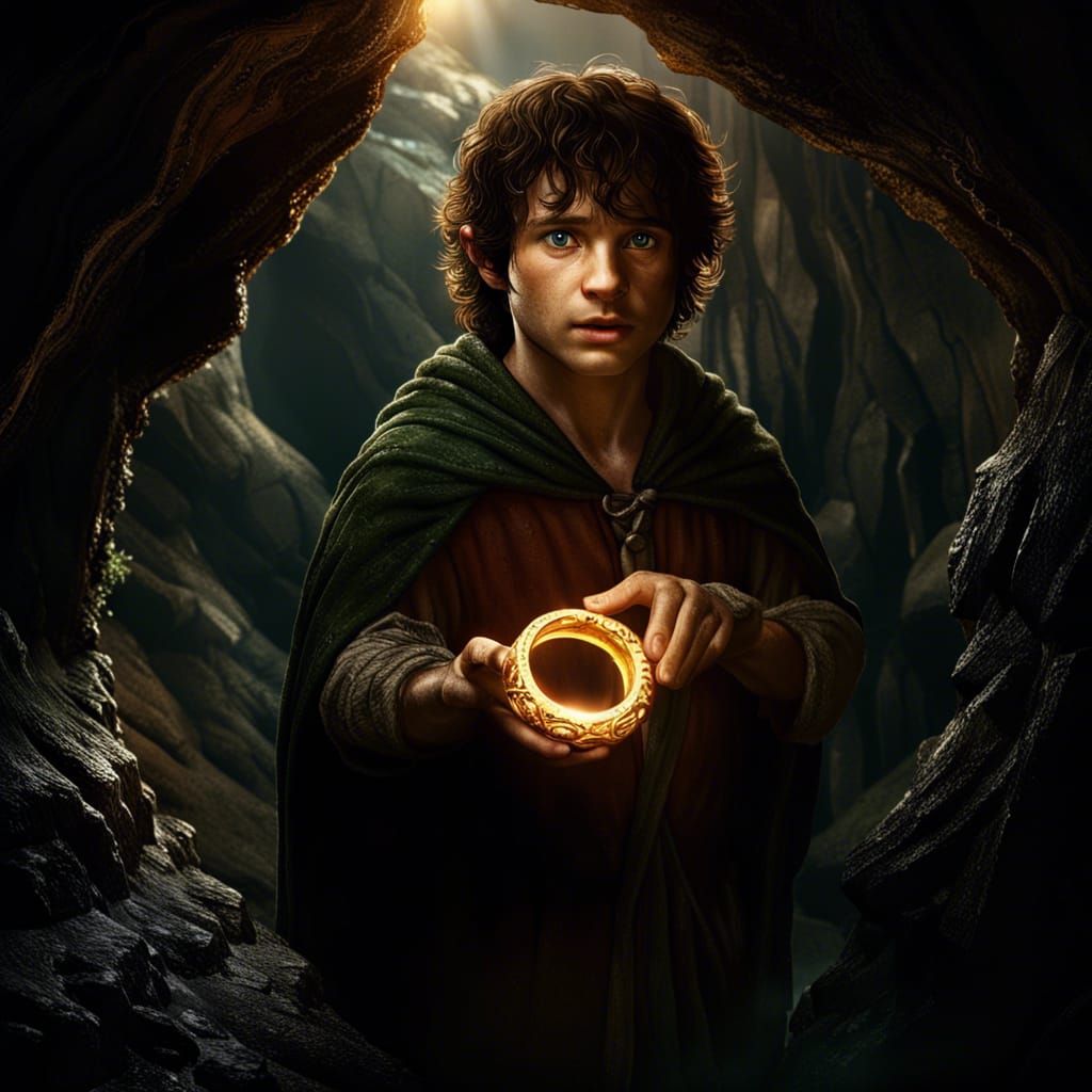 Frodo in Cave Holding Ring: Detailed Fantasy Art