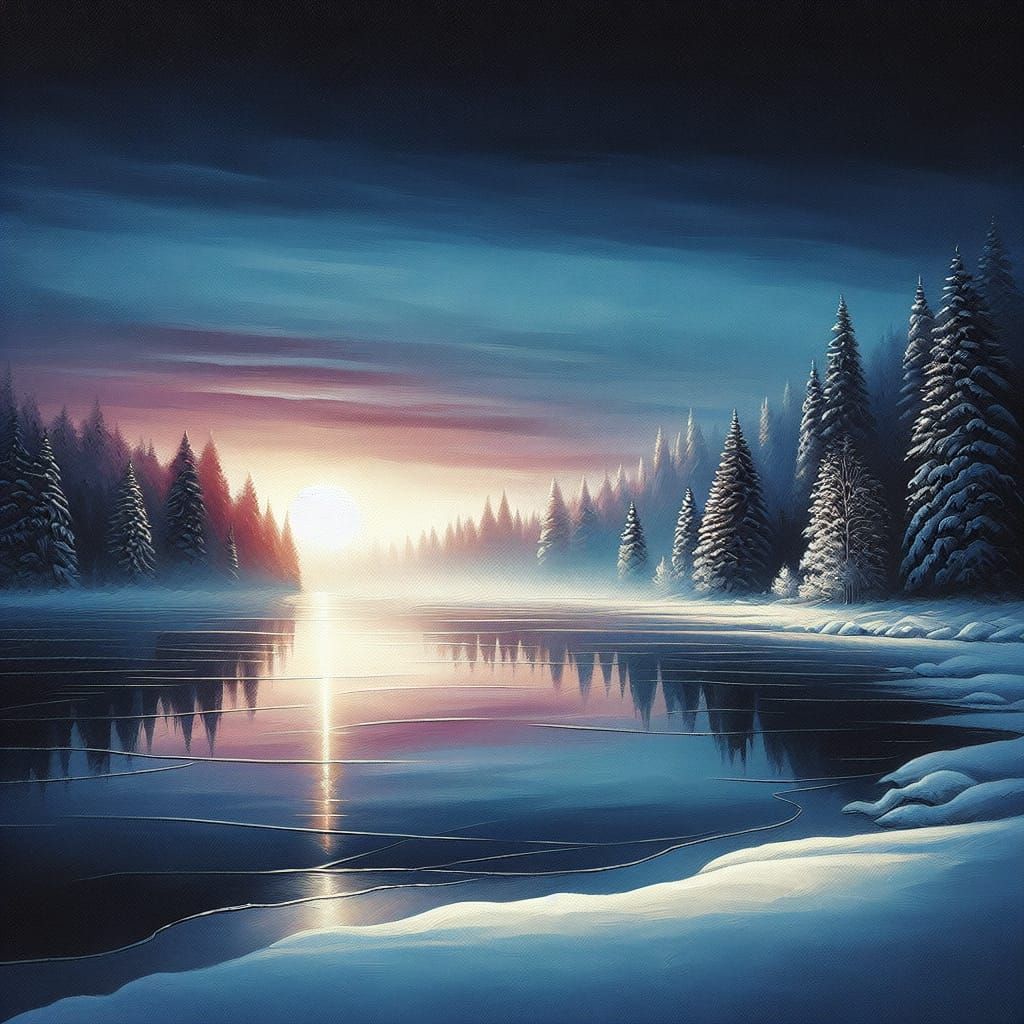Winter Dawn Reflections on a Frozen Lake in Realism Style
