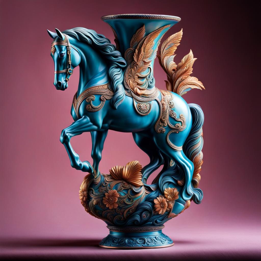 Intricate Clay Horse Vase in Vibrant Colors