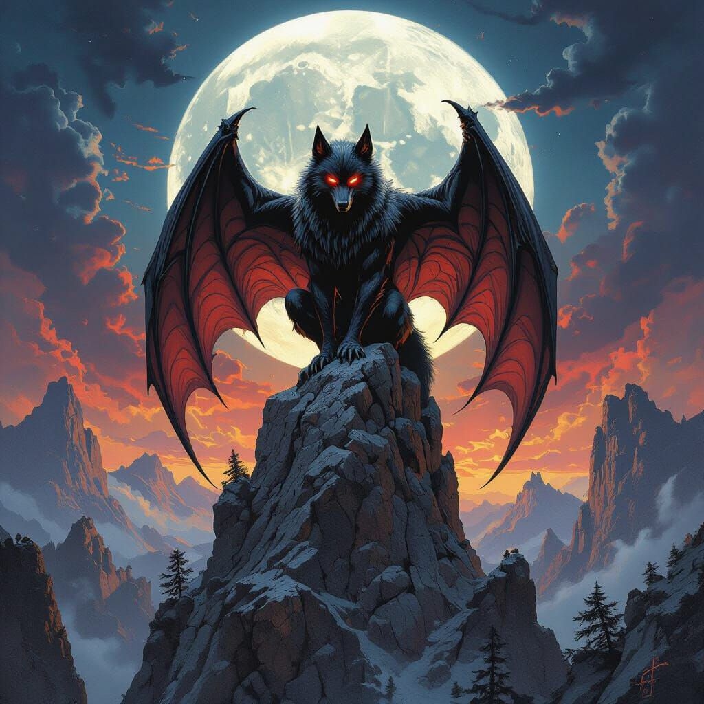 Crimson Batwolf on Mountain in Fantasy Style
