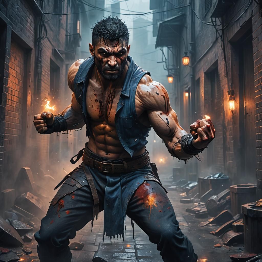Dark Fantasy Fighter in Misty Alleyway
