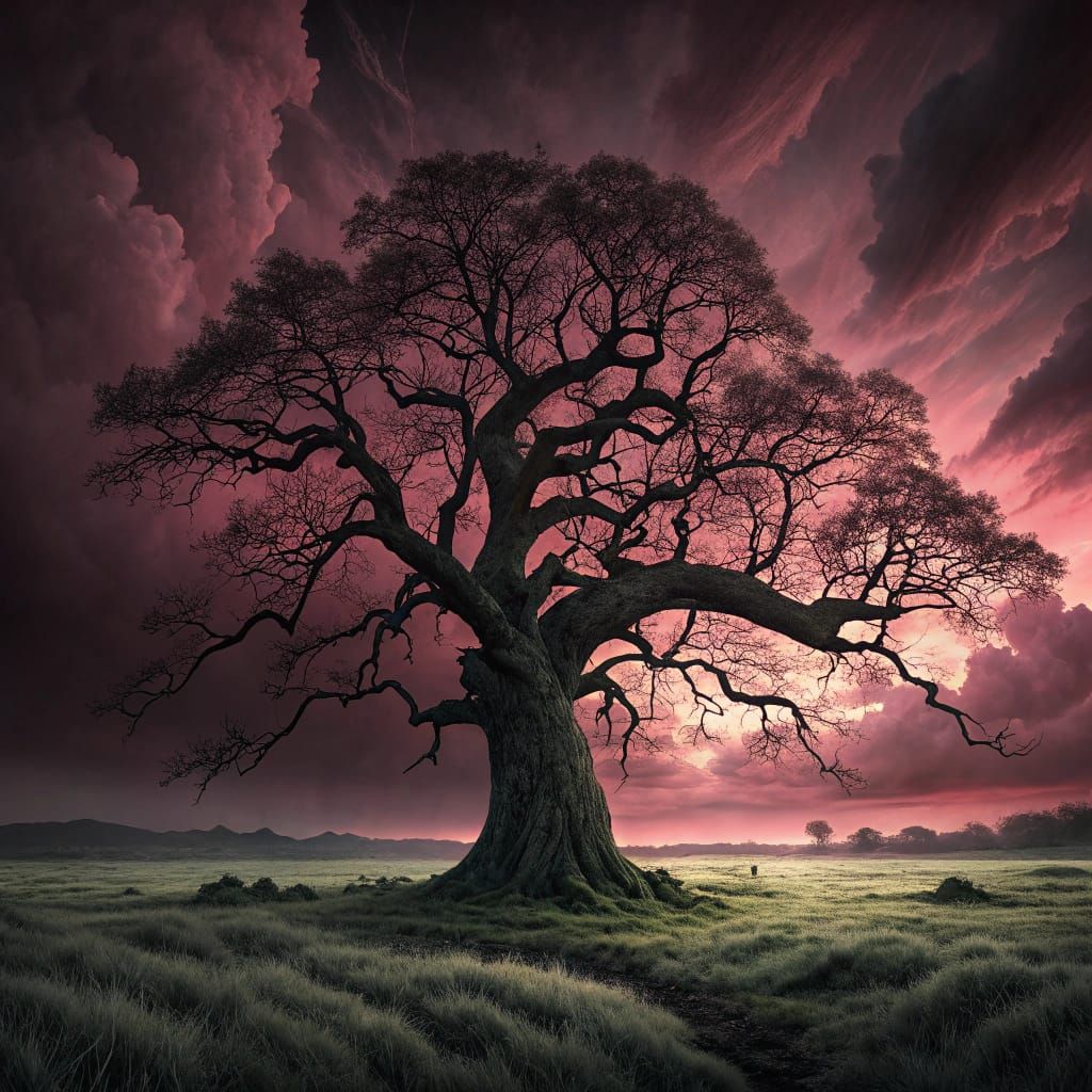 Majestic Ancient Oak Tree in a Wine Red Sunset