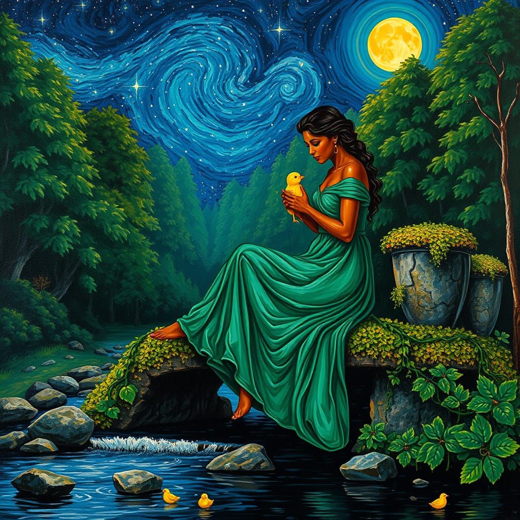 A brown woman with a long emerald flowy dress holding a grum...