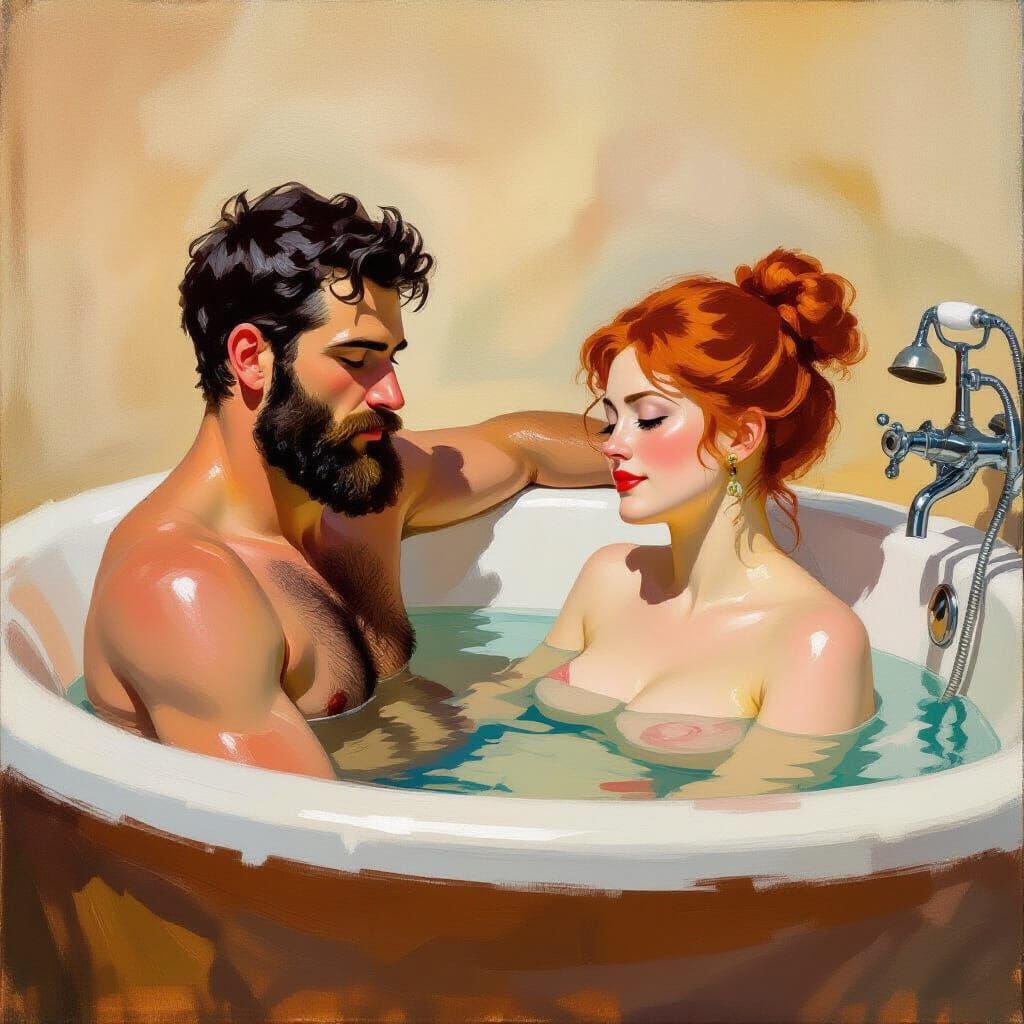 Impressionist Oil Painting of Couple Bathing