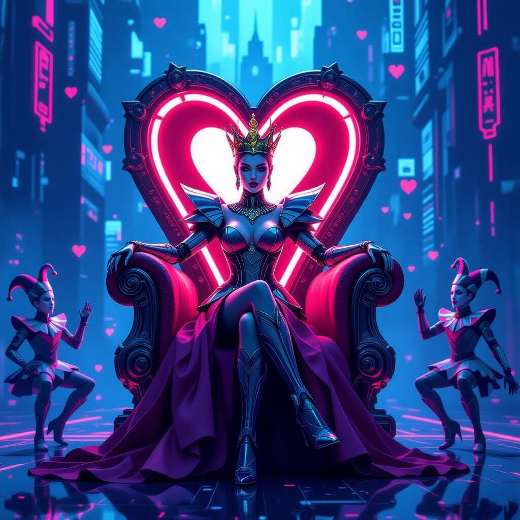 Cybernetic Queen of Hearts Rules Neon Metropolis