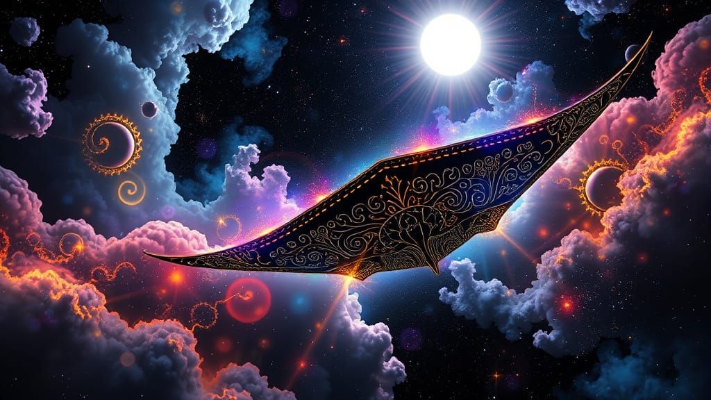 Bioluminescent Manta Rays Soar Through Cosmic Nebula