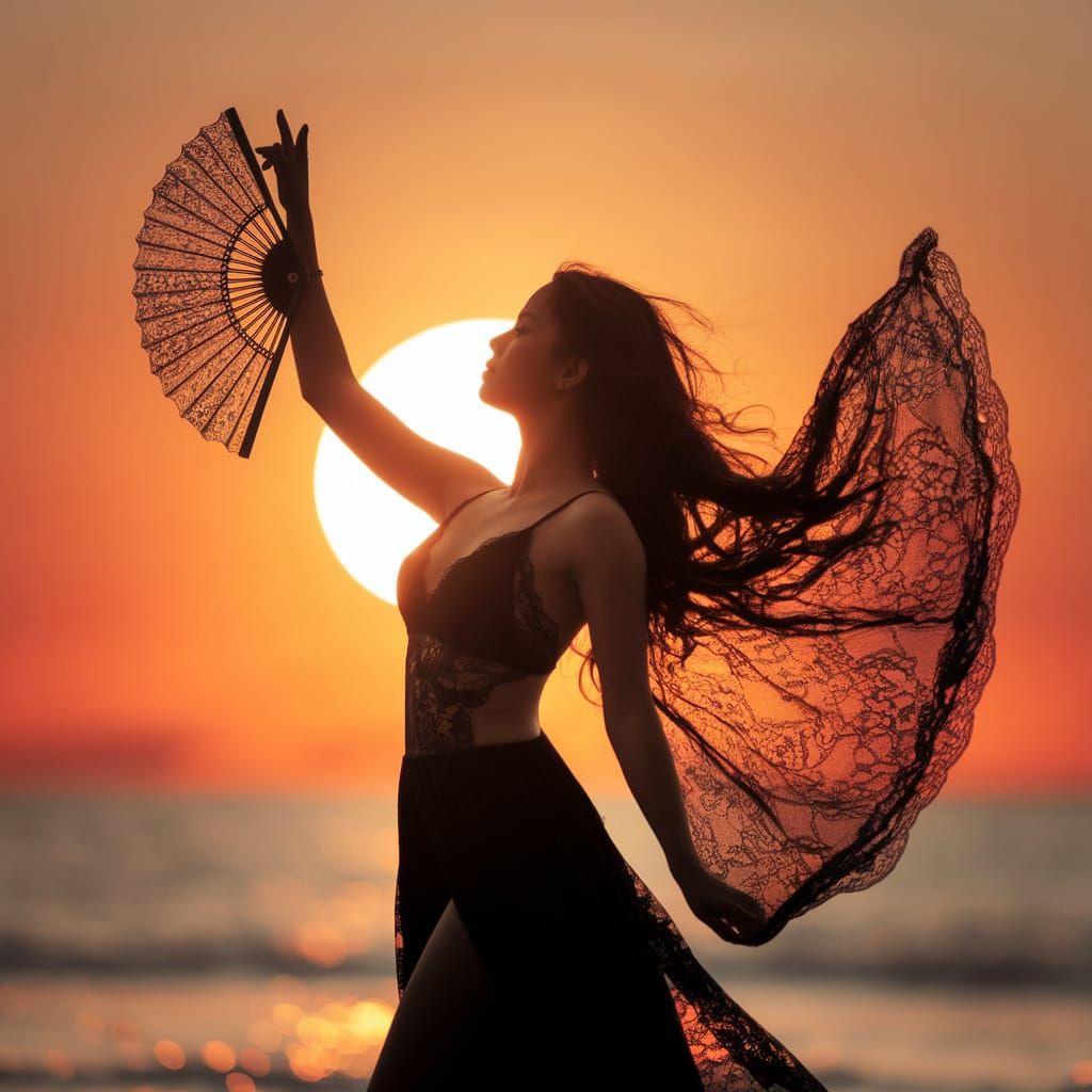 Sunset Silhouette of Elegant Young Woman Dancing