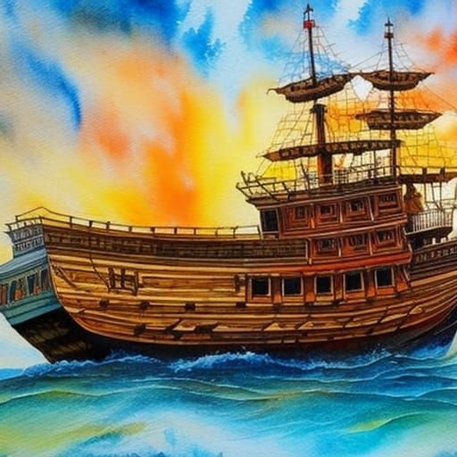 Hyperdetailed Watercolor Pirate Ship on the Ocean