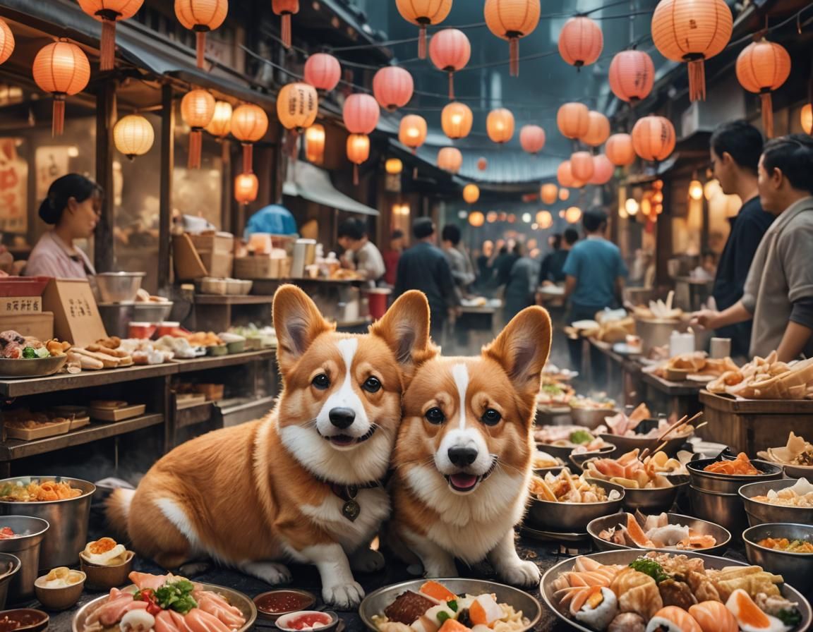 Corgi at Japanese Food Stall: Surreal Digital Painting