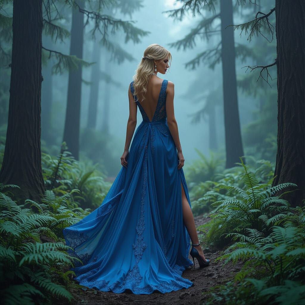 Woman in Blue Gown in Misty Forest