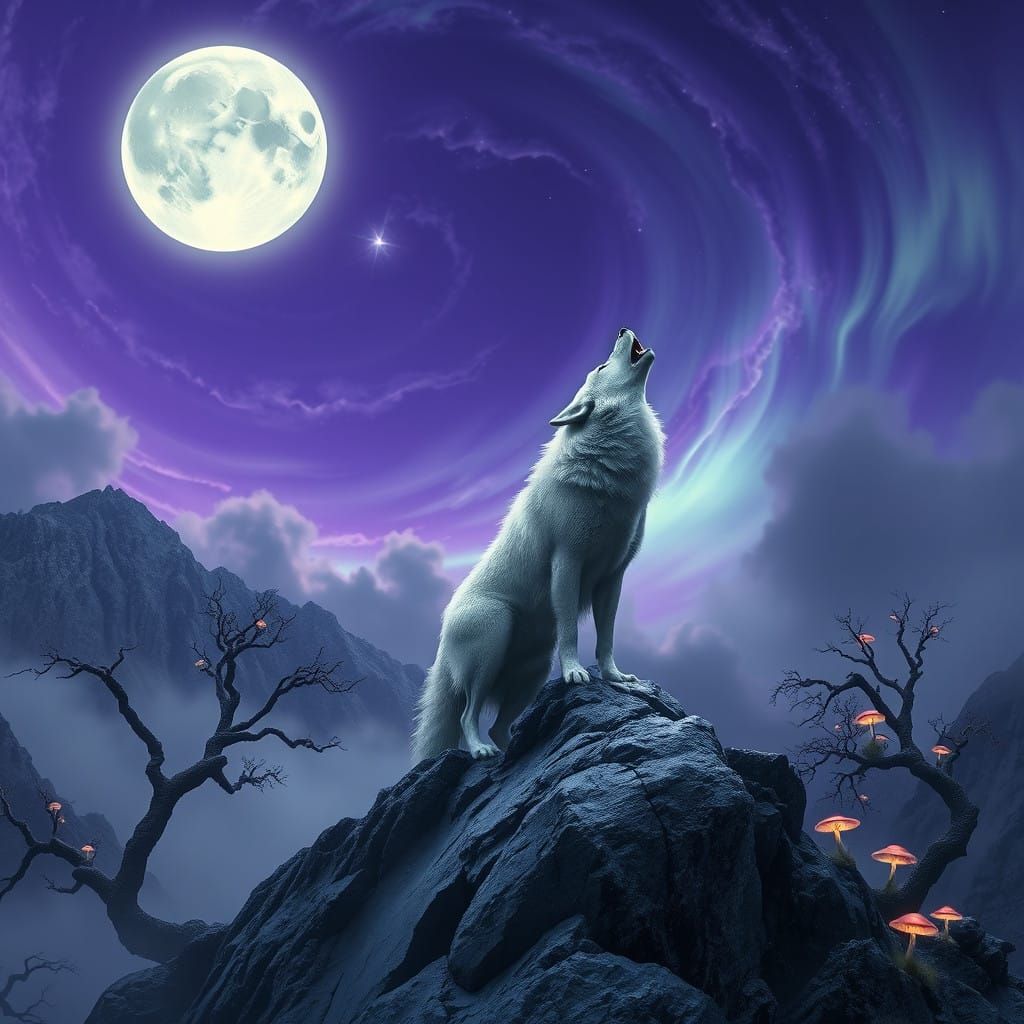Majestic Wolf Stands Under Glowing Full Moon