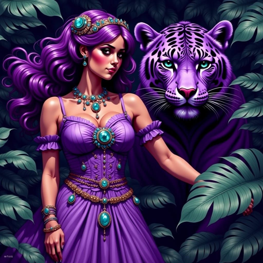 Purple Jungle Princess with Leopard, Digital Art