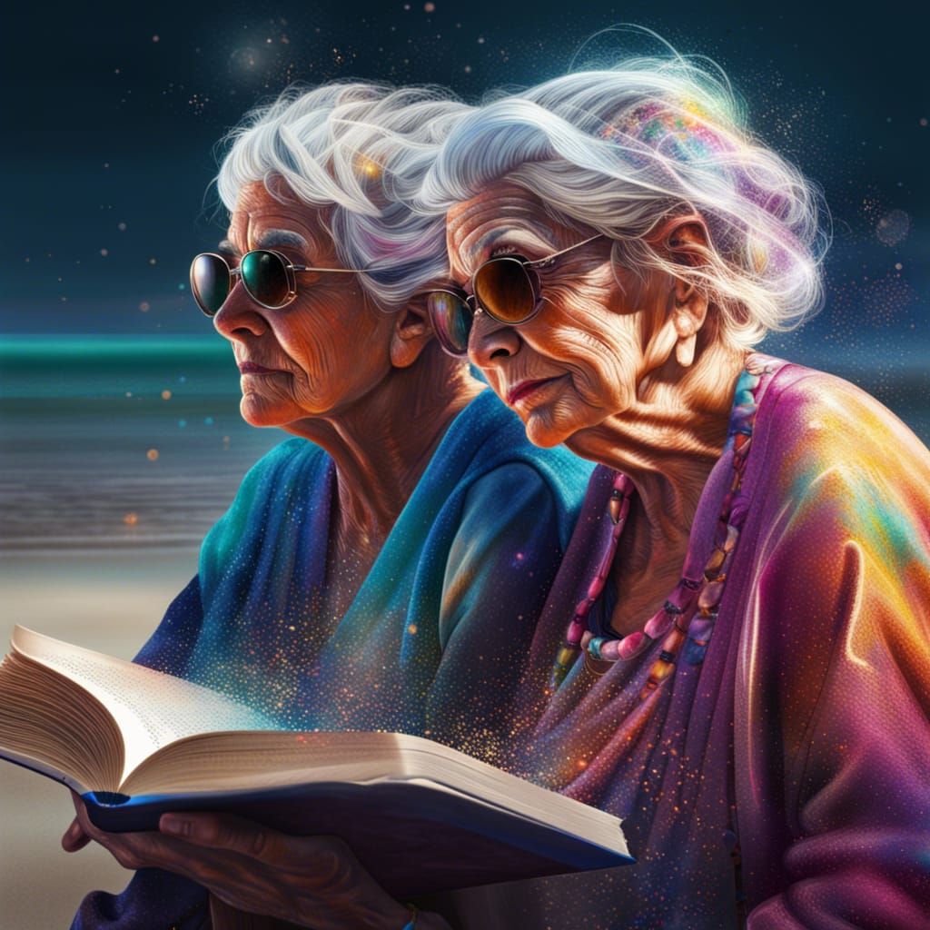 Cosmic Grandmothers Reading on a Beach