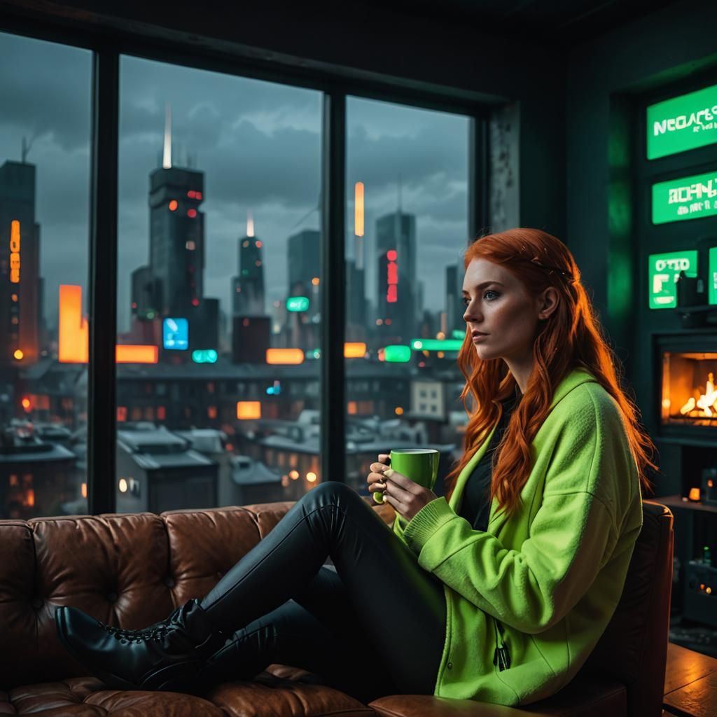 Cyberpunk Woman Drinks Coffee in Neon City