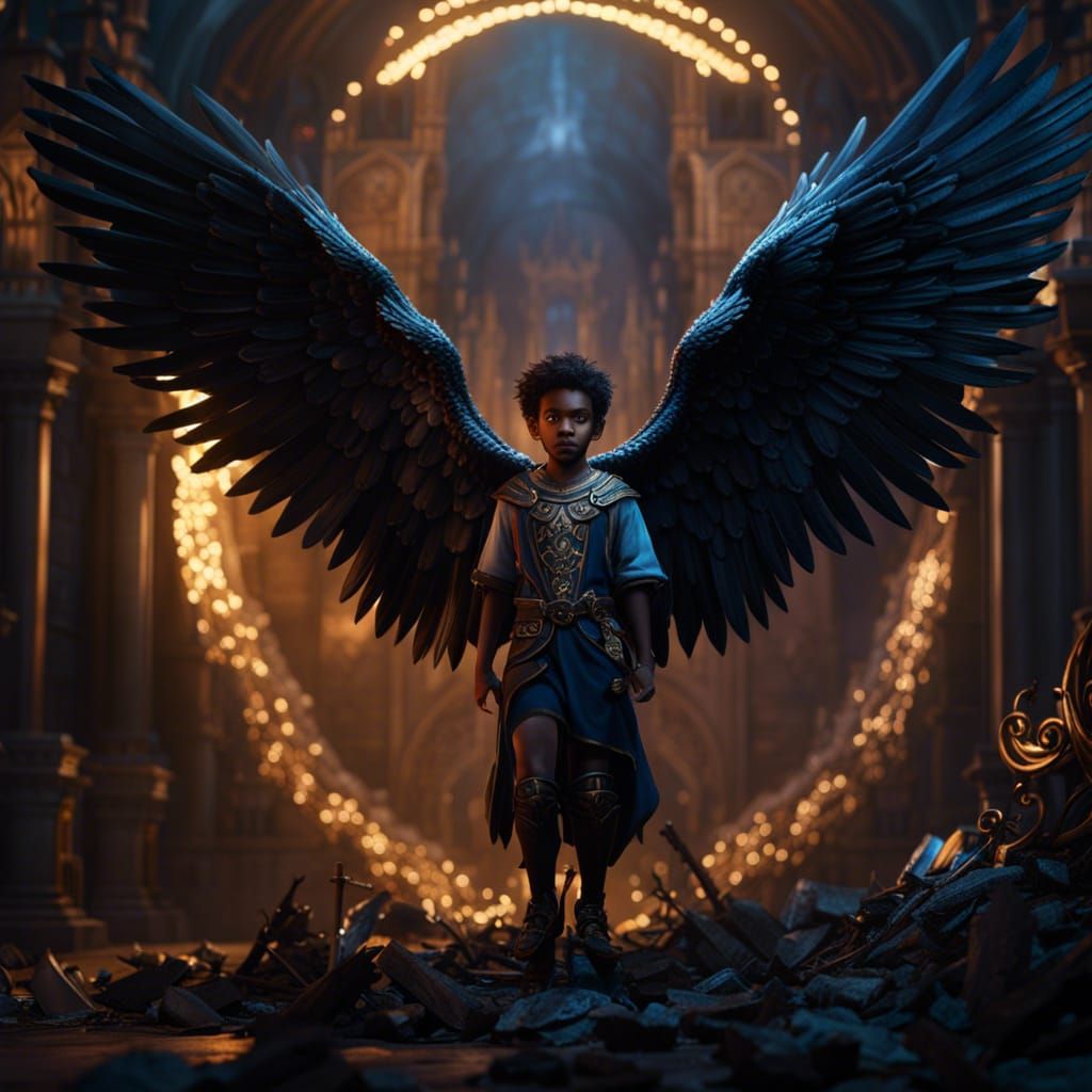 Radiant Black Angel Boy: Detailed Matte Painting