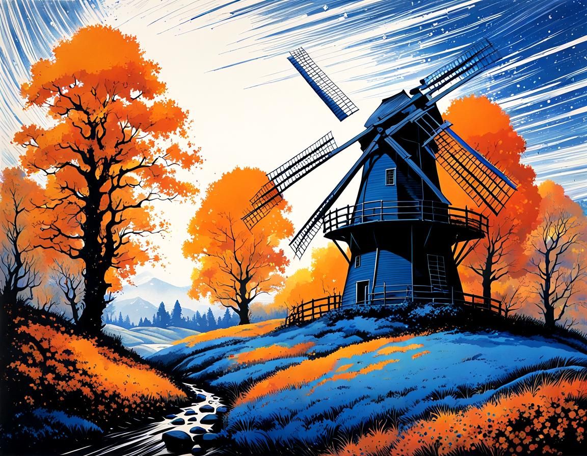 Autumn Windmill in Blue Ink Drawing Style