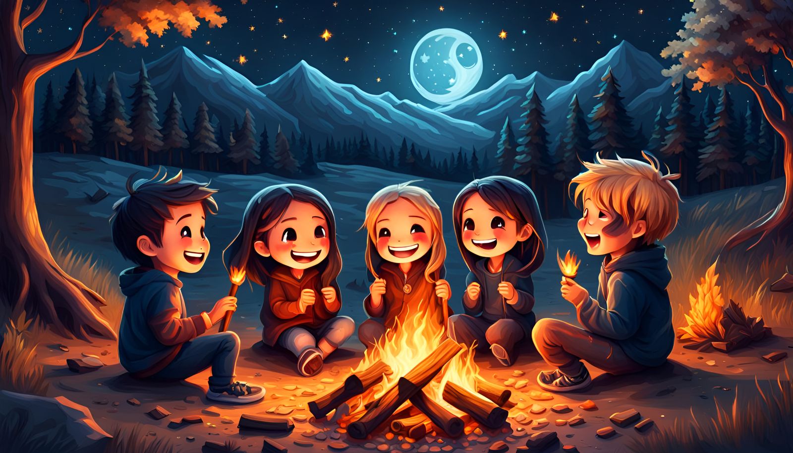 A heartwarming chibi scene of friends sharing laughter around a bonfire on a starry night.