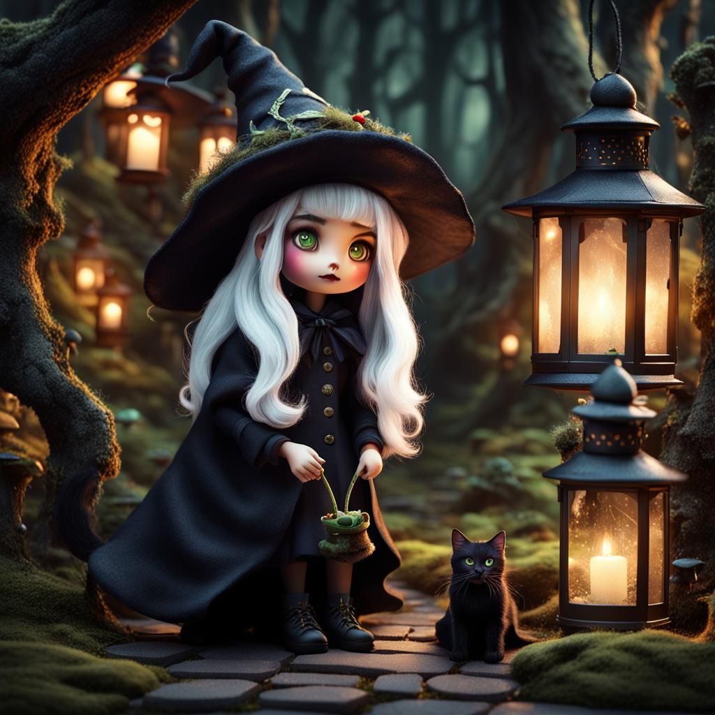 Moody Forest Witch With Black Cat Companion