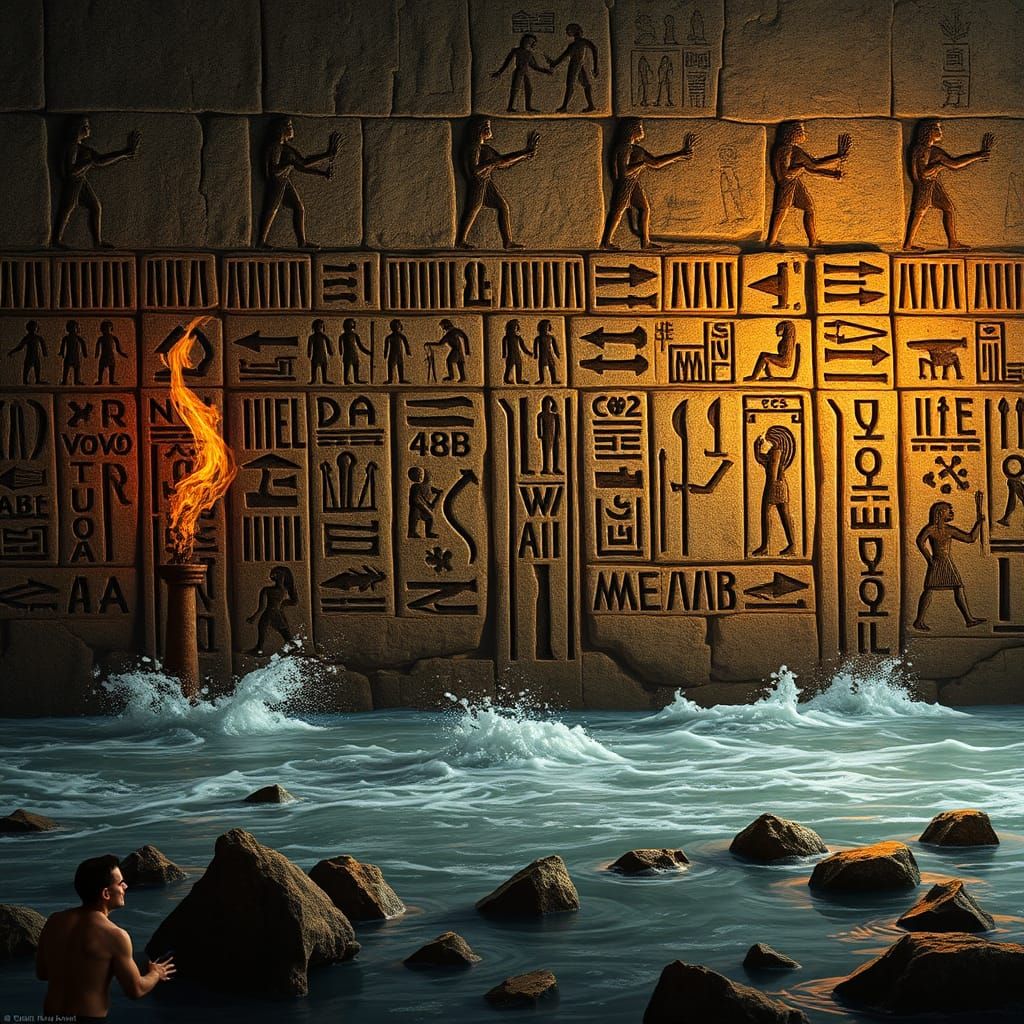 Flooded Hieroglyph Wall Lit by Torches
