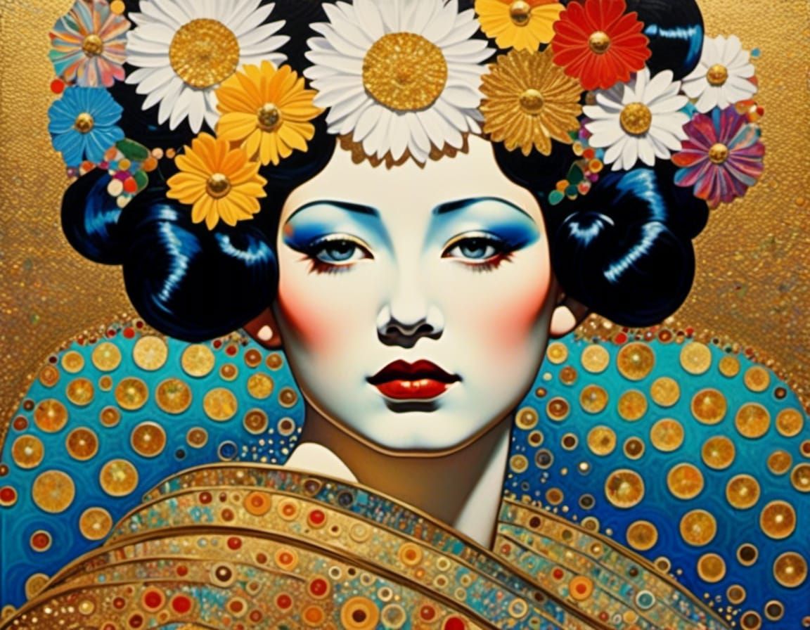 Geisha with Daisies Crown in Neo-Impressionist Style