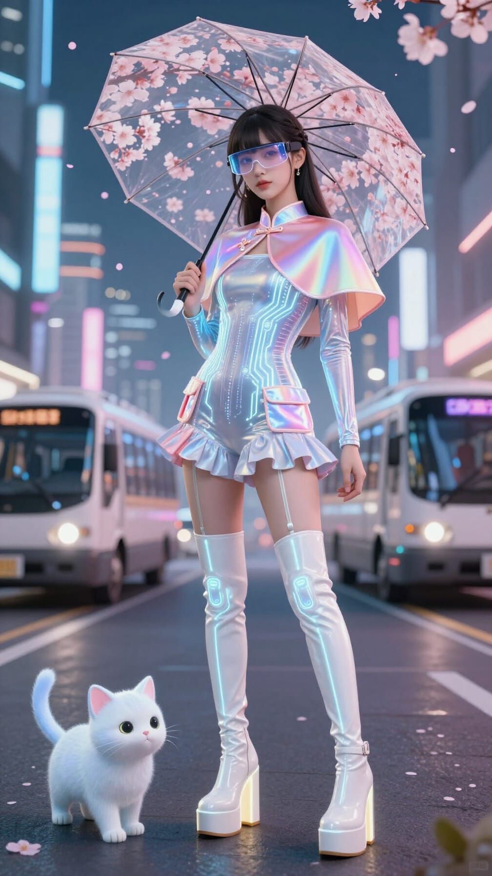 Futuristic Japanese Woman in Smart Textiles and AR Glasses