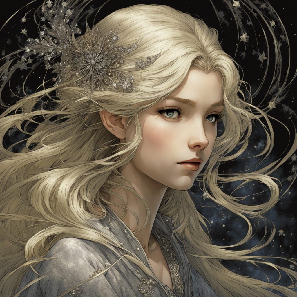 Blond Girl Wizard with Wand in Chiaroscuro Style