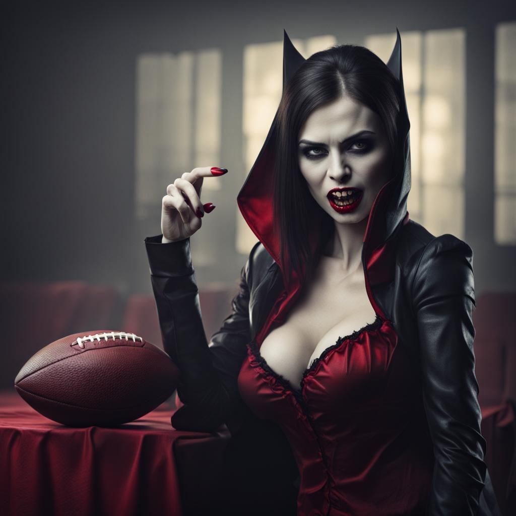 Vampire Woman Engrossed in Football Game