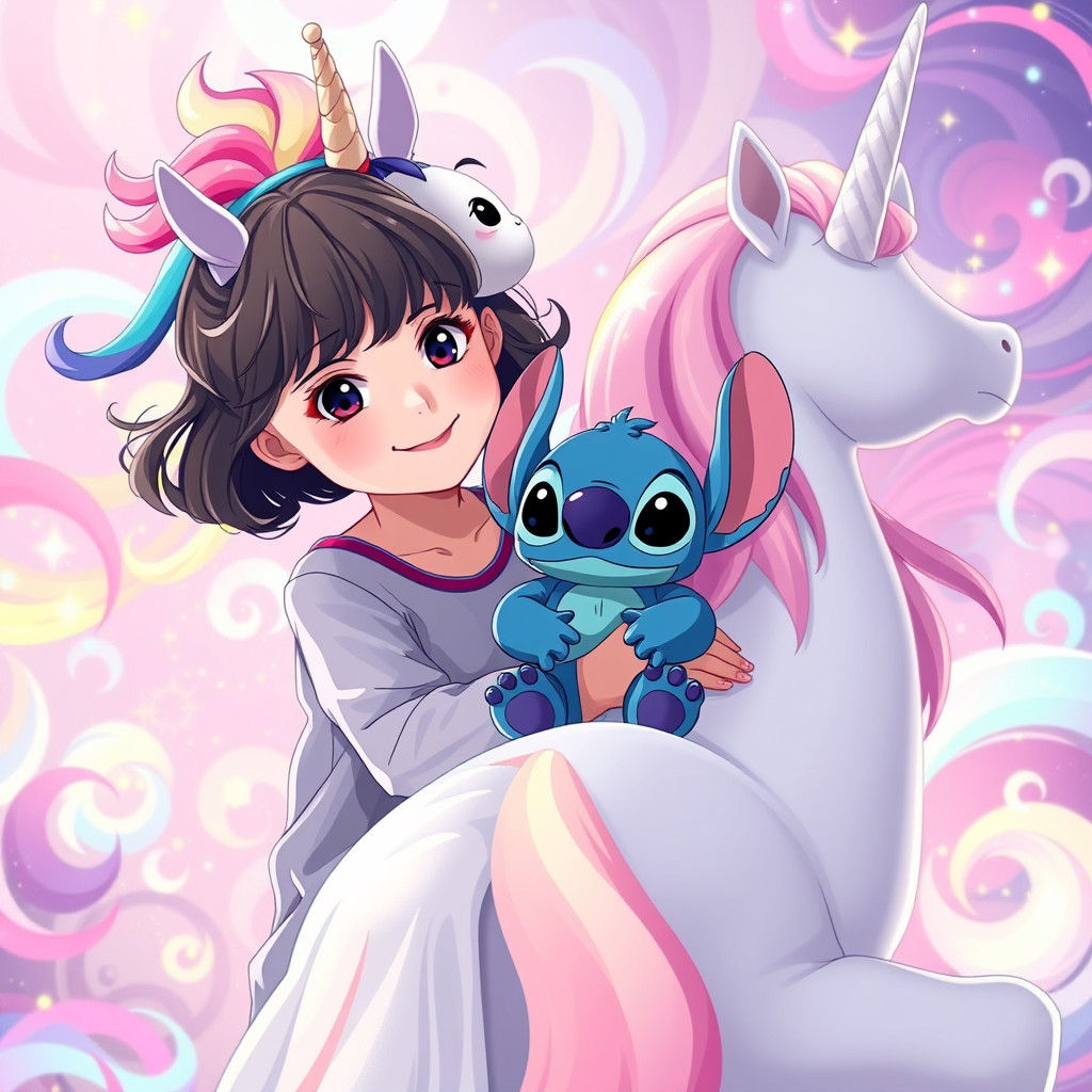 Girl with Animated Stitch on Unicorn, Manga Style