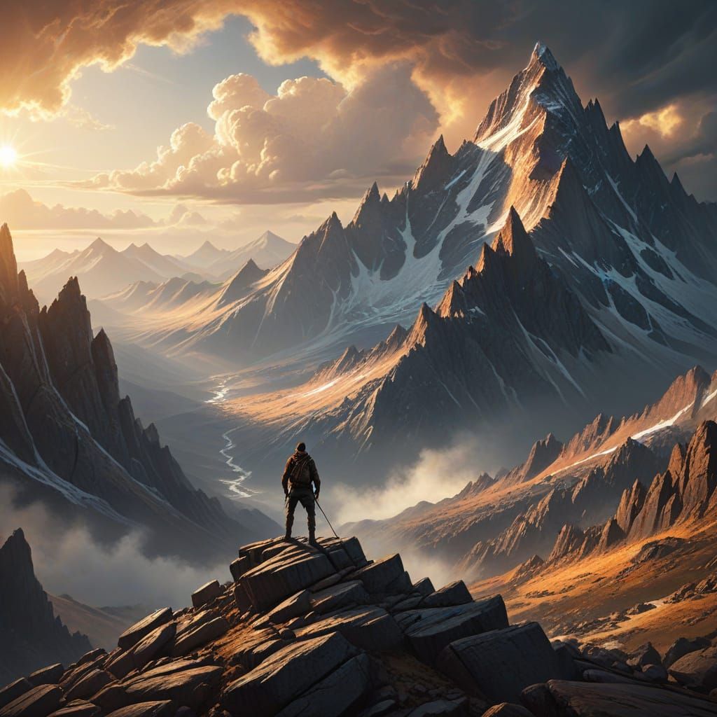 Epic Fantasy Hiker on Ridge at Golden Hour