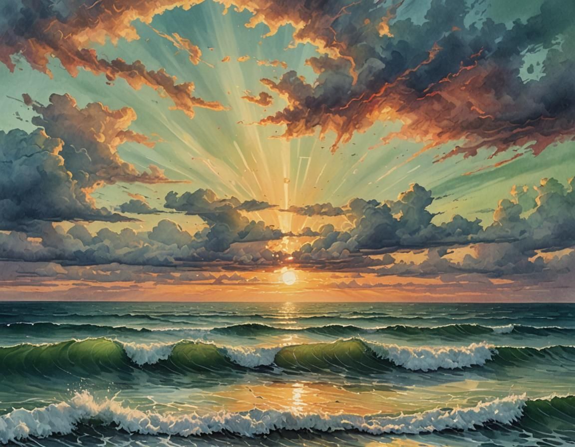 Vibrant Sunset Over Ocean Gouache Painting