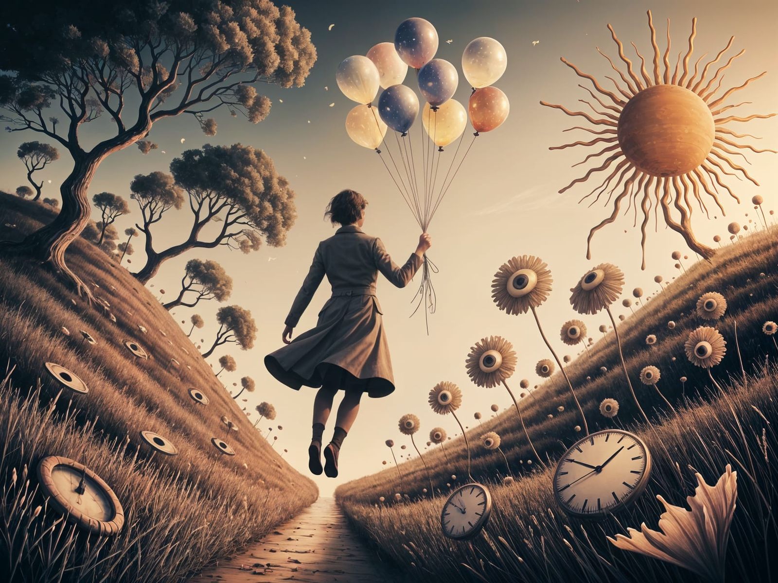 Surreal Traveler Above Clockwork Meadow