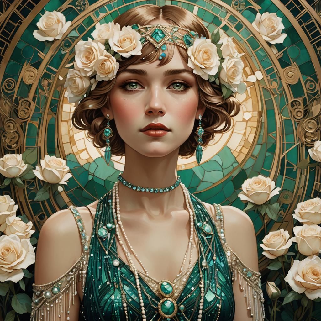 Gatsby Girl Portrait with Roses in Art Nouveau Style