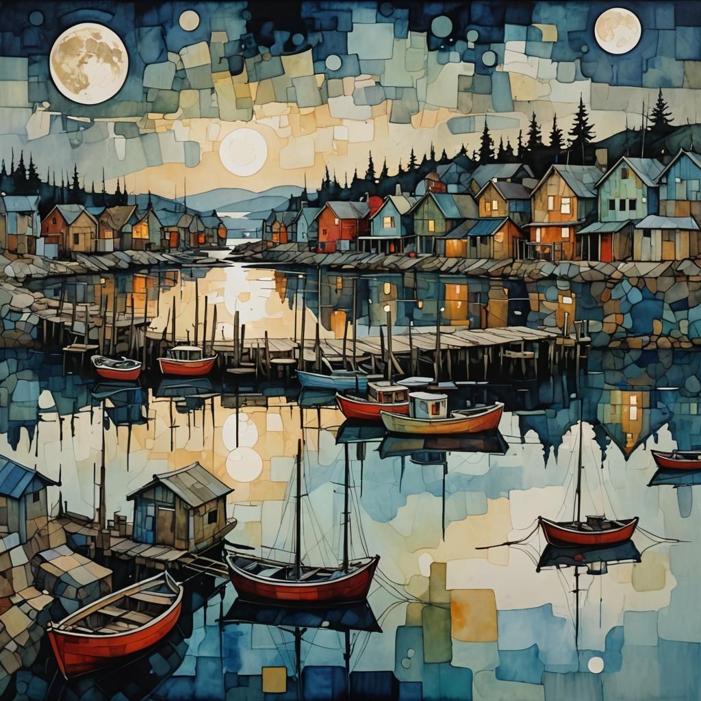 Shore Shacks Under Moonlight in Alcohol Ink Style