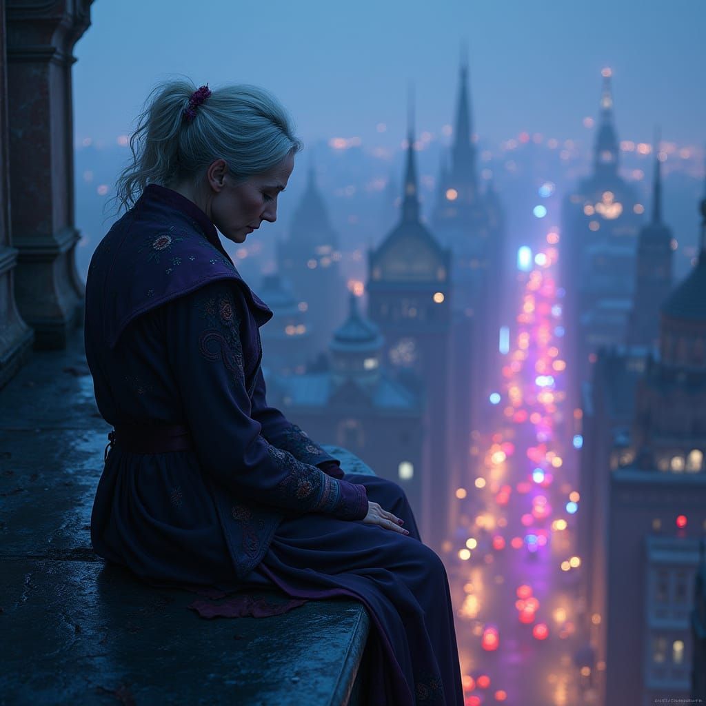 Melancholic Woman Contemplates Cityscape at Dusk