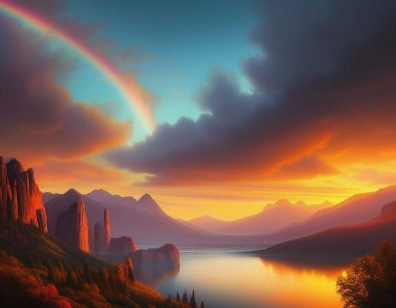 Colorful Mountain Sky Painting in Kinkade Style
