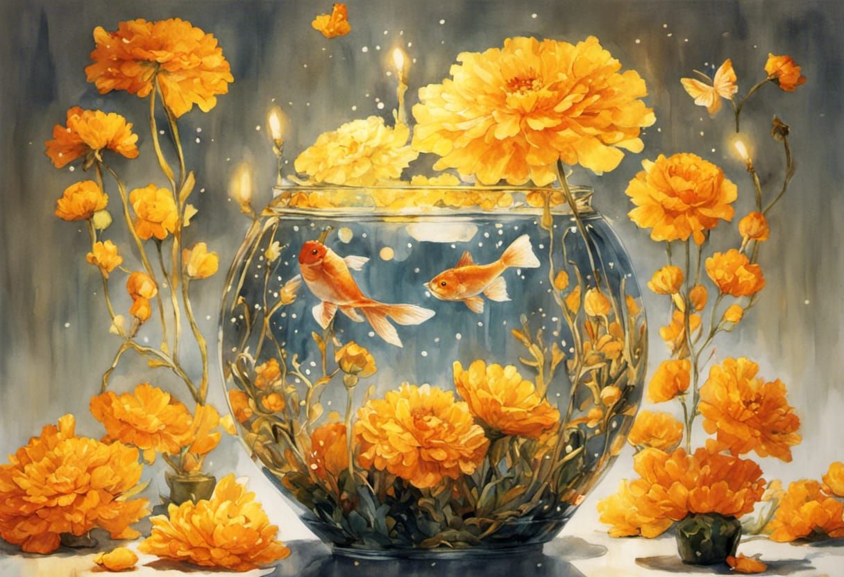 Goldfish and Marigolds in Watercolor Style