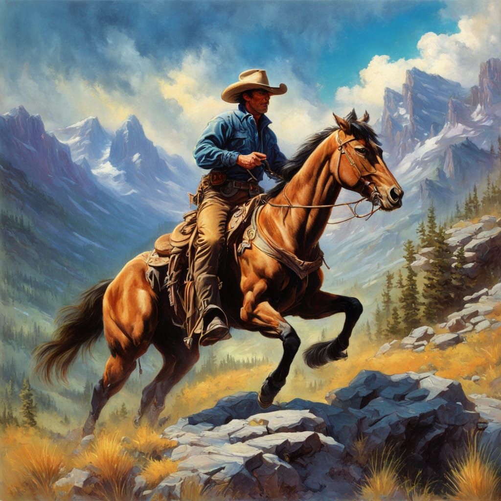 Cowboy Rides into a Dreamlike Rocky Mountain Sunset