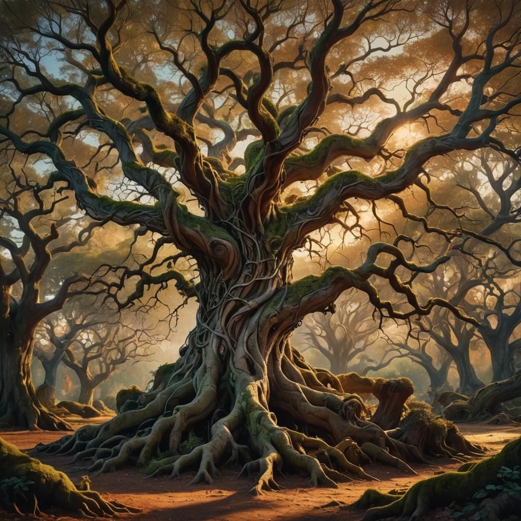 Majestic Twisted Tree in Golden Hour Lighting