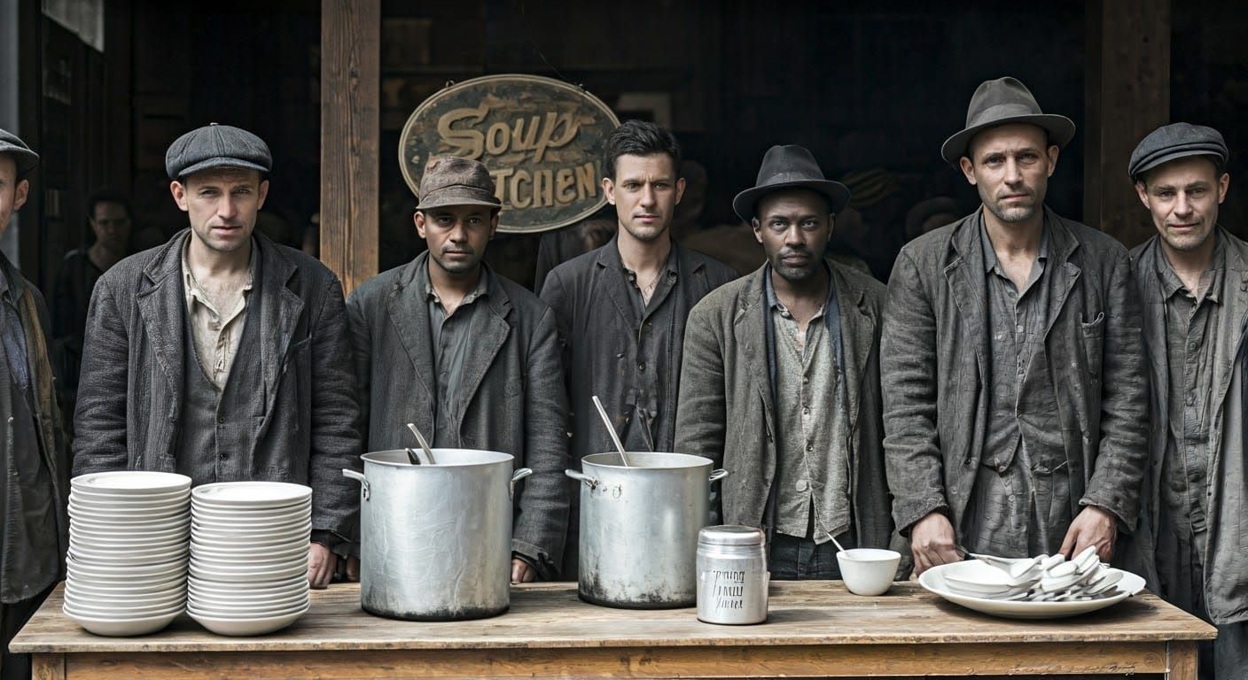 Soup Kitchen Scene During the Great Depression