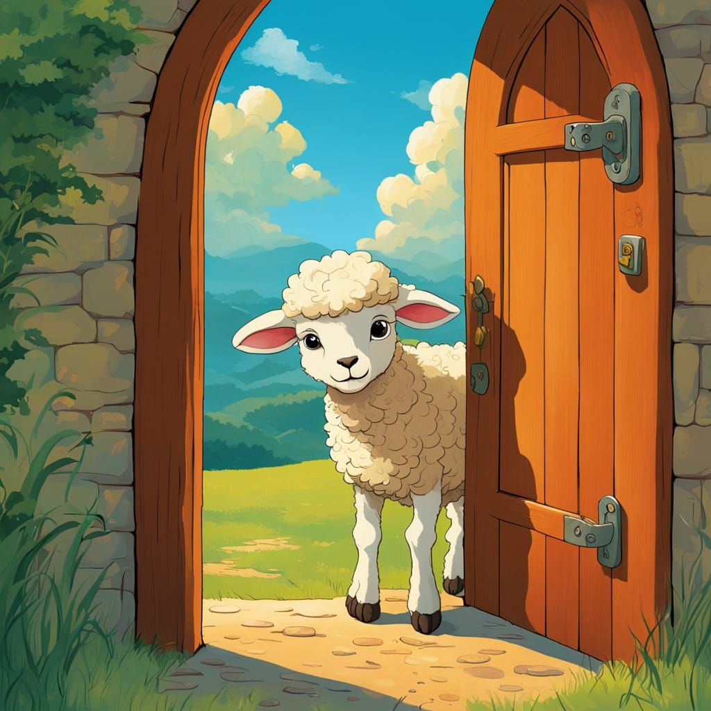 Lamb Peeks into Whimsical World: Ghibli-Inspired