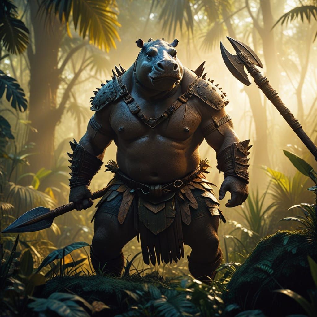 Epic Jungle Barbarian Hippo in Golden Light