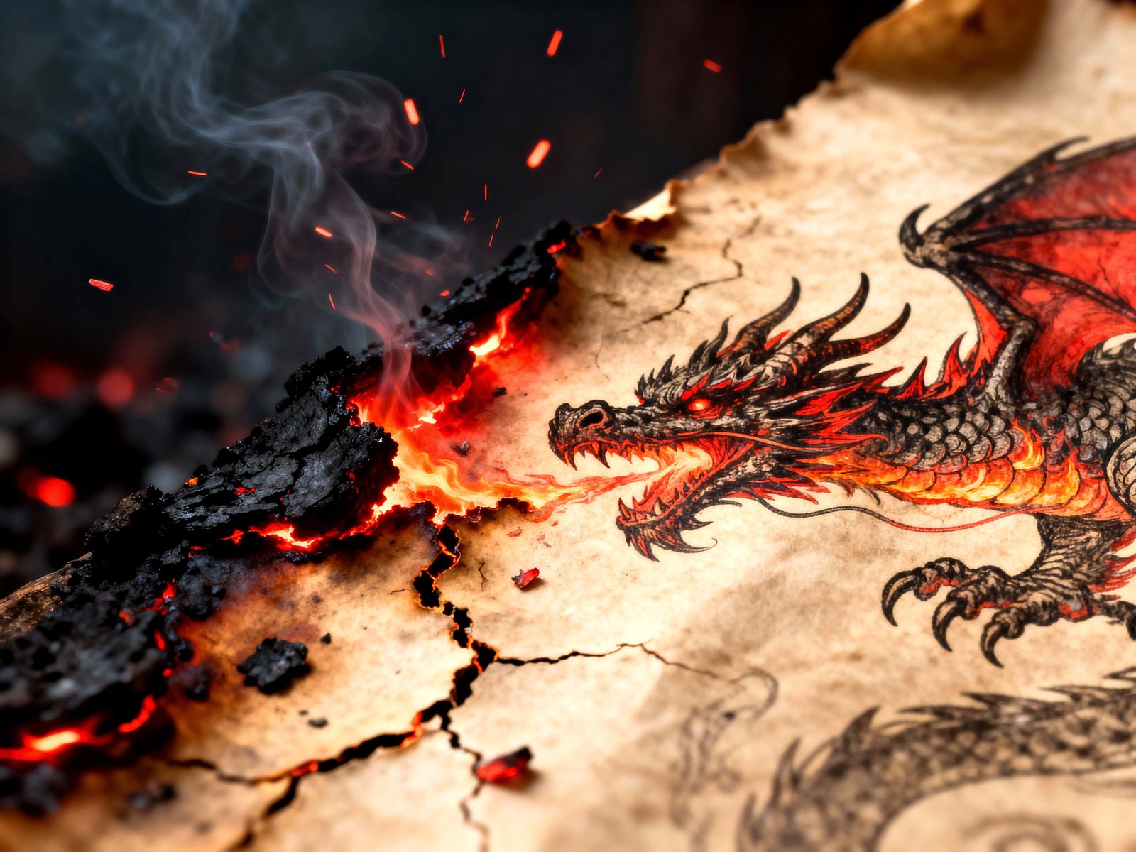 Ancient Dragon Drawing Consumed by Flames